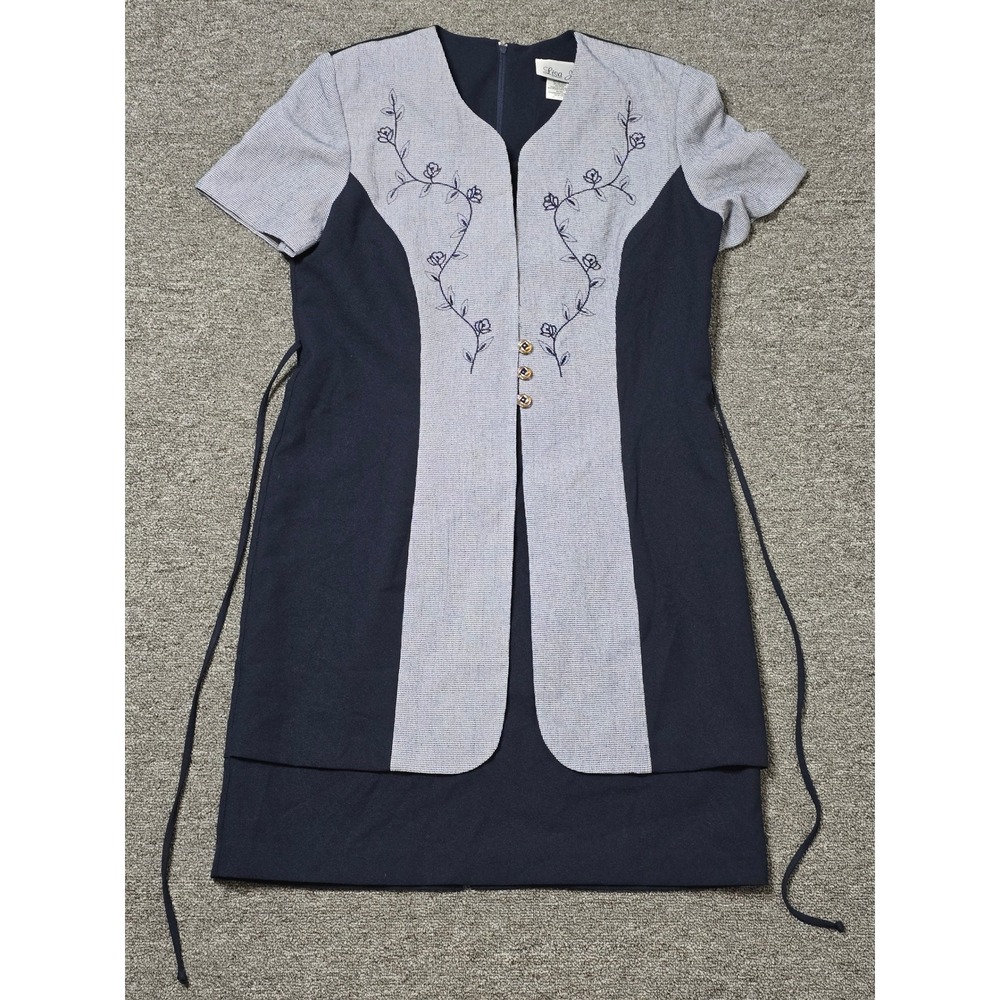 Lisa Jo Navy Dress Embroidered Short Sleeve Career Wear‎ Size 9/10